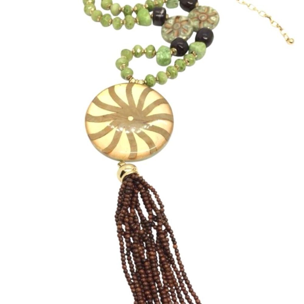 Chico's Necklace Tassel Green Medallion Pendant Long Statement Boho